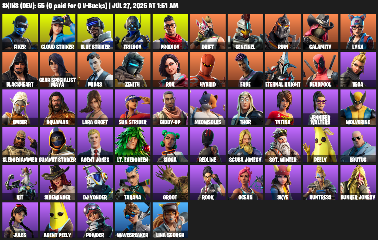 55 Skins, Lara Croft, Fixer, Cloud Striker, Blue Striker, Trilogy, Prodigy, Drift, Sentinel, Ruin, Calamity [PC/XBOX]