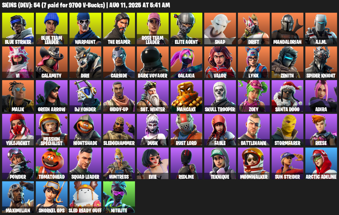 54 Skins, 700 V-bucks, Take The L, OG STW, The Reaper, Elite Agent, Mako, Blue Striker, Blue Team Leader [PC/XBOX]