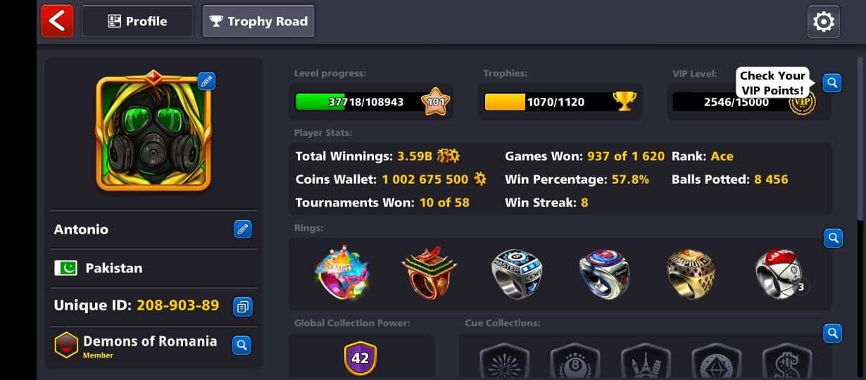 1 BILLION COINS, RISING POWER CUE MAX, 1-300 CASH, VIP SILVER-GOLD