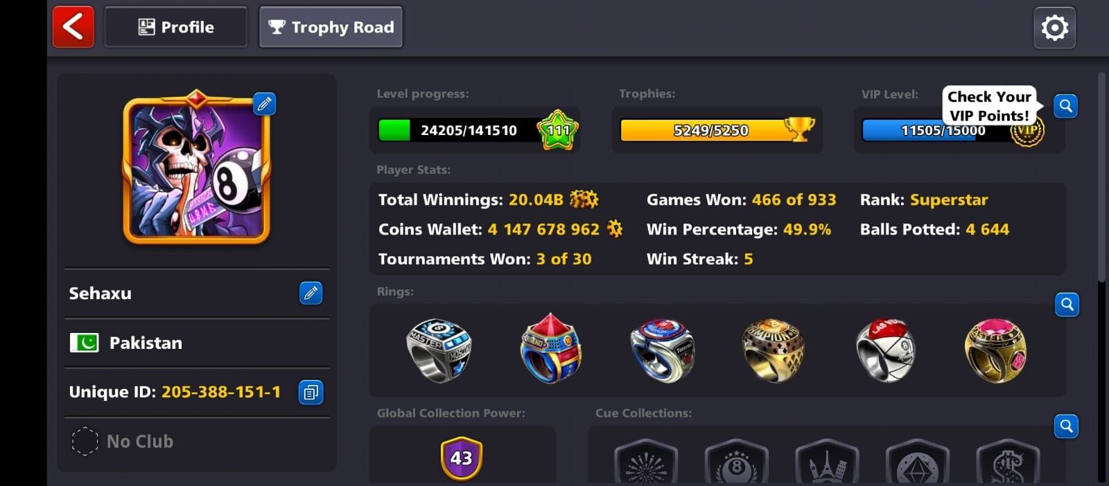 4 BILLION+ COINS, 3 LEGENDARY CUES, 43 CCP, OSAKA RING, VIP GOLD