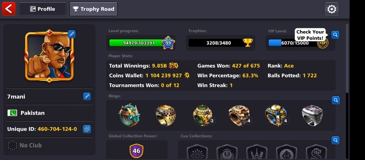 1.1 BILLION COINS, 4 POOL PASS CUES MAXED, 46 CCP, VIP GOLD