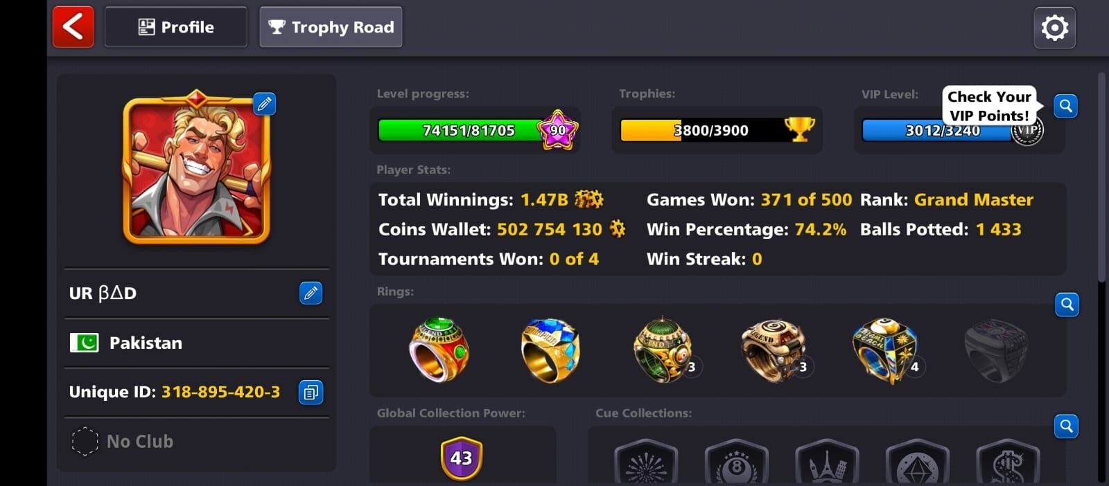 500 MILLION+ COINS, BRIGHT DIAMOND CUE MAX, POOL ACADEMY CUE MAX, 43 CCP