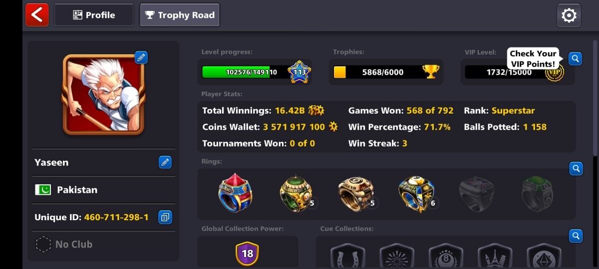 3.5 BILLION COINS, MILLIONAIRE MULTIMILLIONAIRE CUE, OSAKA RING, 100+ LEVEL, VIP GOLD, FINAL WARNING ACCOUNT, FACEBOOK LINK POSSIBLE, MINICLIP LOGIN