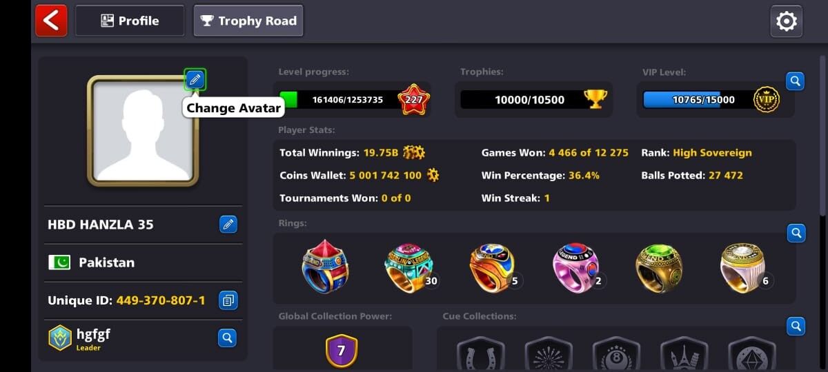 8 BALL POOL, 5 BILLION+ COINS, MILLIONAIRE, MULTIMILLIONAIRE CUES, OSAKA RING, 220+ LEVEL, FINAL WARNING ACCOUNT