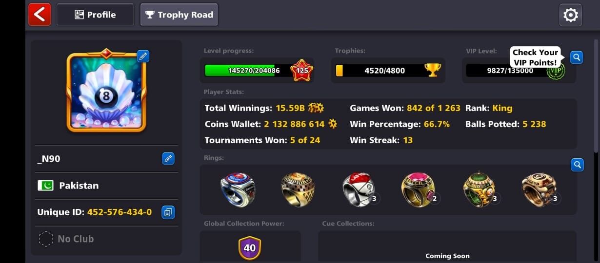 2.1 BILLION COINS, 2 LEGENDARY CUES, 40 CCP, 100+ LEVEL, VIP GOLD