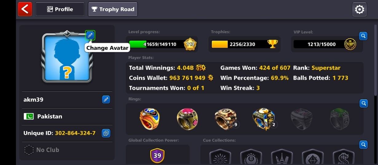 960 Million+ Coins, 10 Legendary Cues, VIP Gold, Mombai Ring, 110 Level