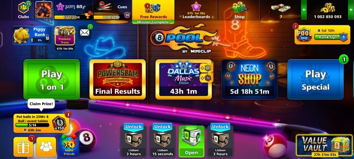 1 Billion Coin, Multimillionaire Cue, All Tables are open Till Berlin, Level 1-100