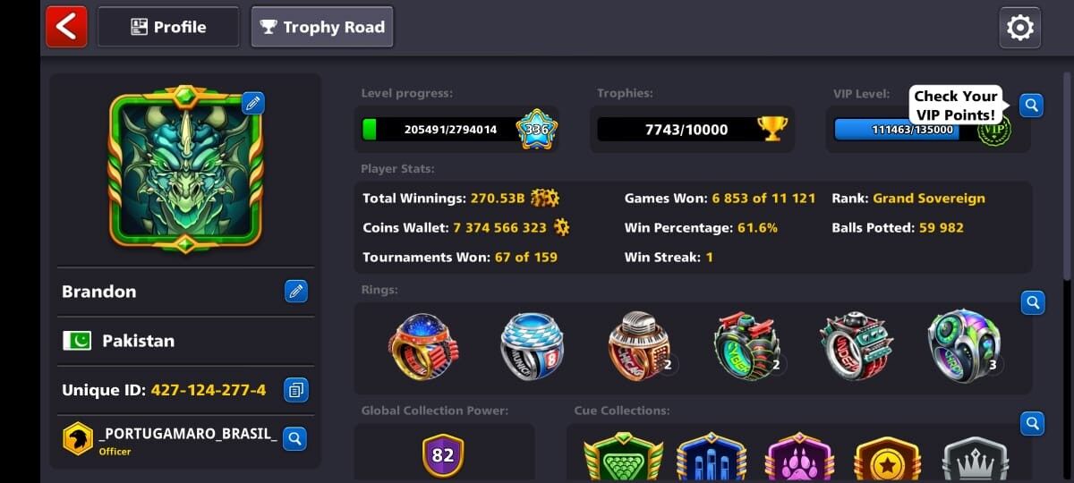 82 CCP, 67+ Limited Edition Ring, 7.3 Billion Coins, 11 Cues Max, 19 Legendary Tacos, 6K+ Pool Cash, 330+ Level, Final Warning Account, Facebook Login