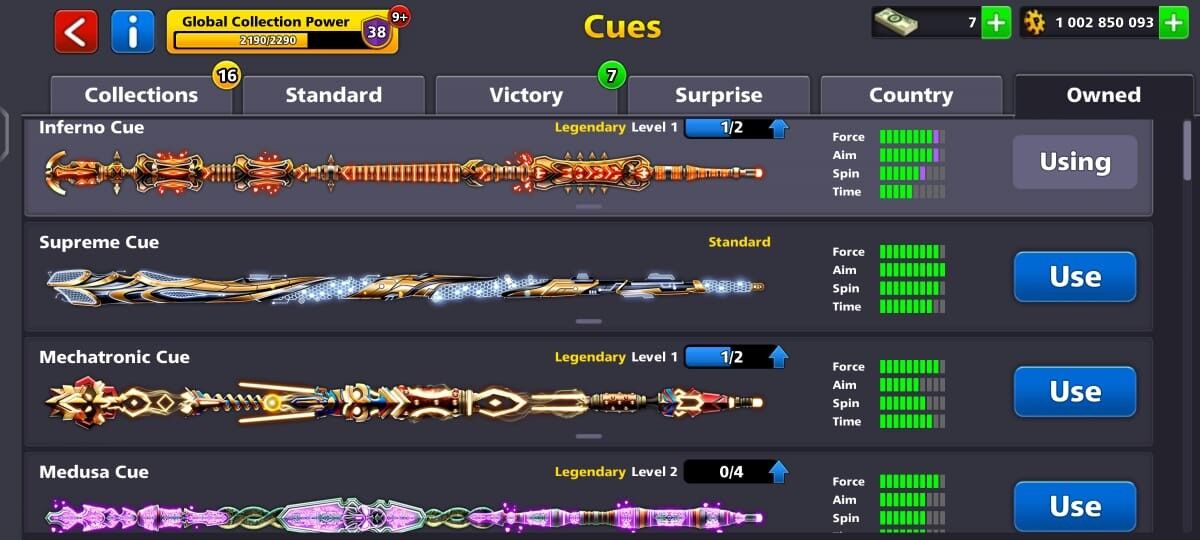 1 Billion Coin, 1x Cue Max, 6 Legendary Cues, 75 Level