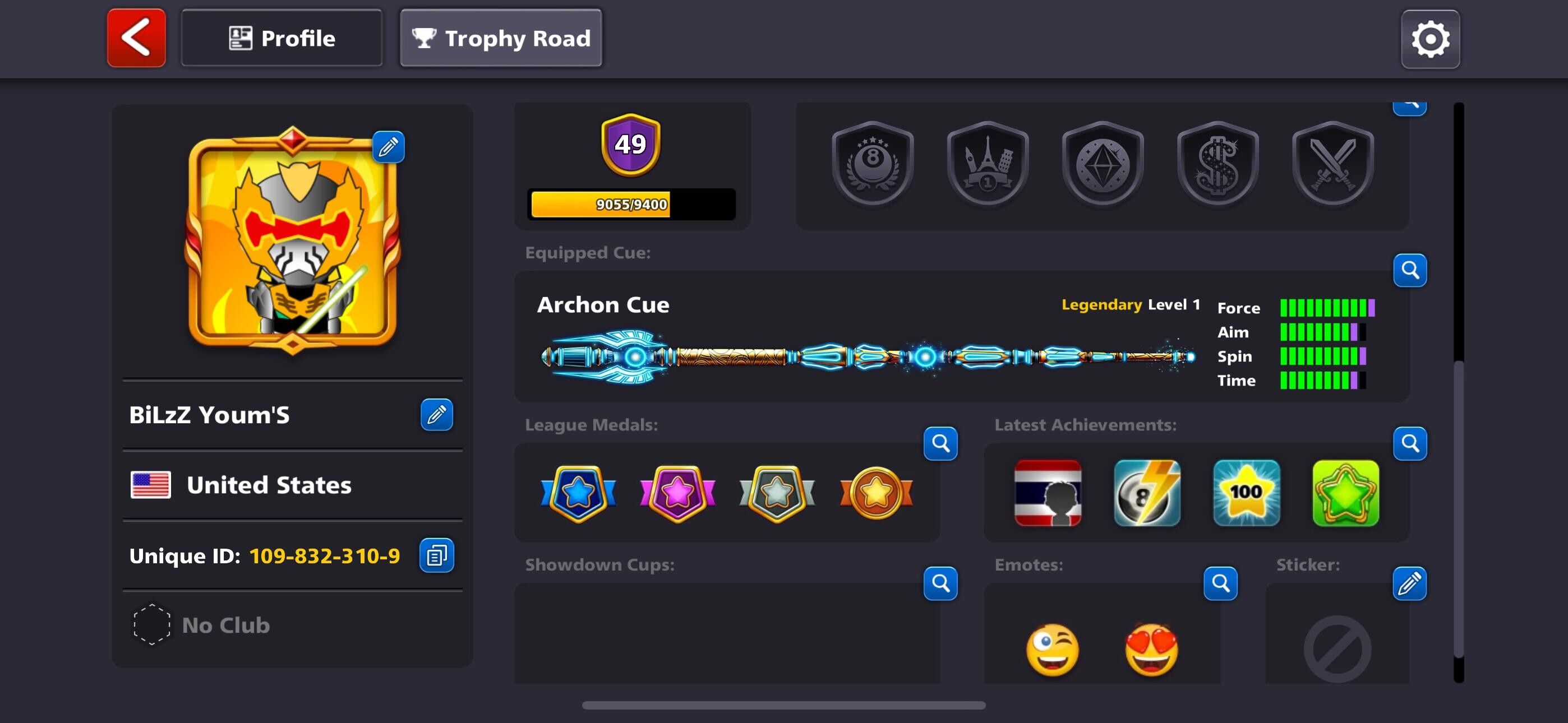Sun Gladiator Legendary Yome Avatar, VIP Tier Black Diamond, 1 Billions Coin, 19/20 Legendary Cues, Archon Cue