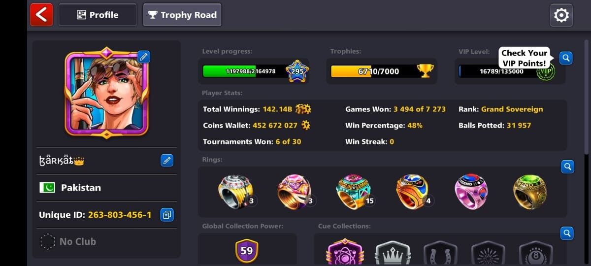 295 Level, 450 Million Coins, 19 Legendary Cues Open, 8 Ball Pool Account