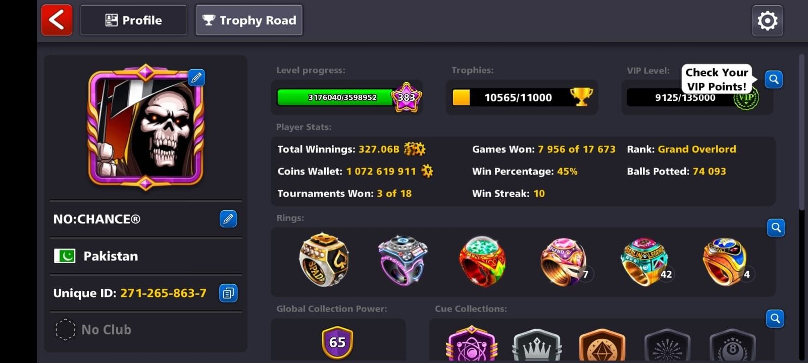 65 CCP, 1 BILLION + Coins, 19 LEGENDARY CUES OPEN, 4 CUES MAXED, 8 Ball Pool Account, Instant Delivery, Safe & Verified