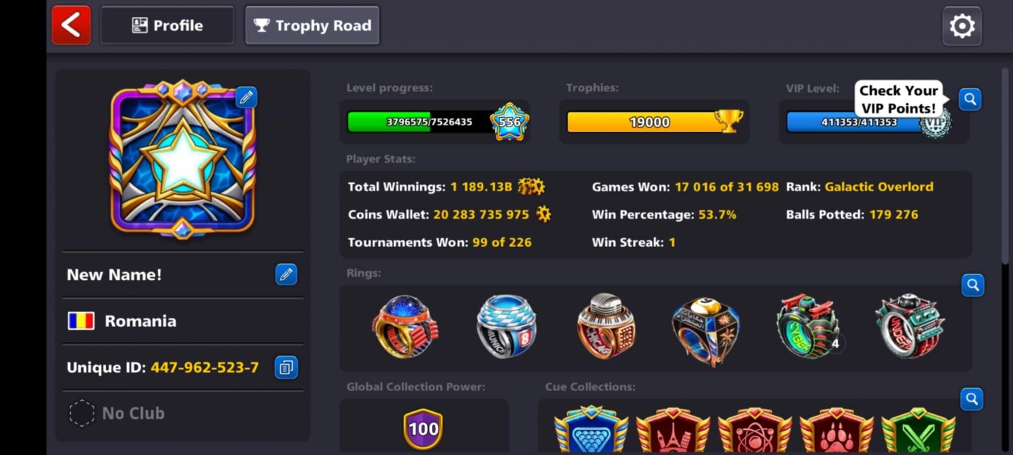 100 CCP, 20 BILLION + Coins, 50 CUES MAXED, 20 LEGENDARY CUES OPEN, 50 Limited Edition Rings, 8 Ball Pool Account
