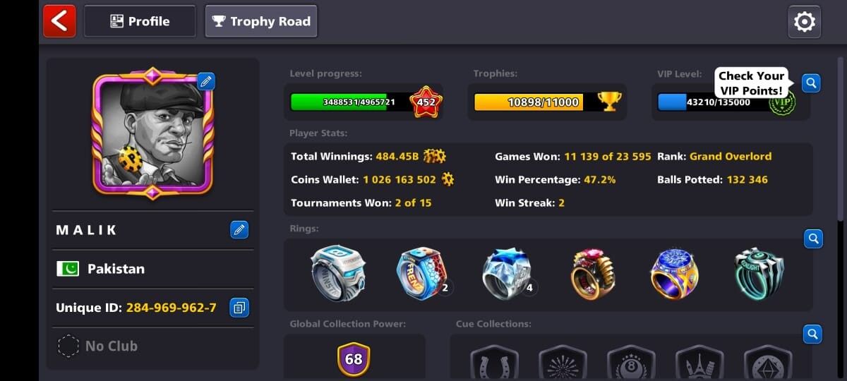 68.8 CCP, 1 Billion+ Coins, Level 452, 20 Legendary Cues, 10 Limited Edition Rings