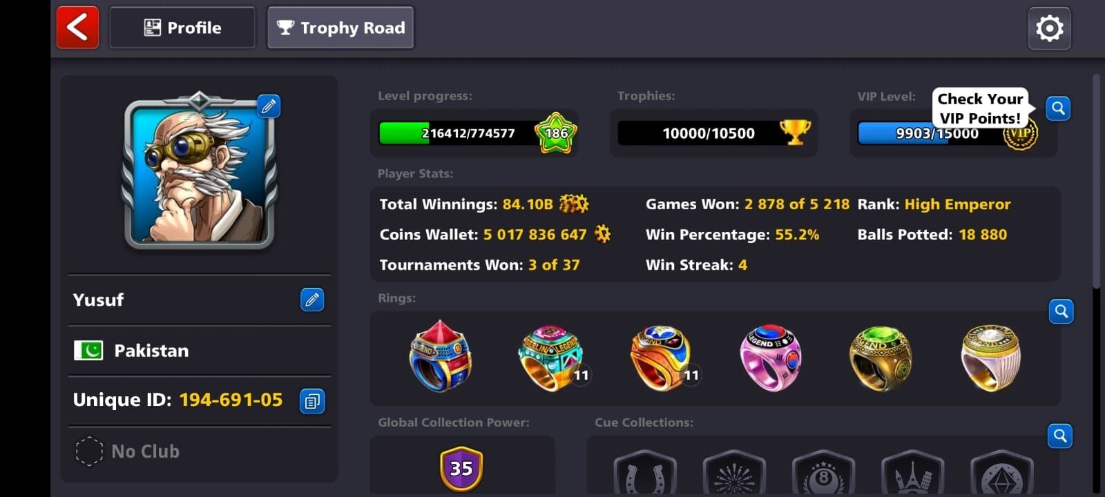 5 Billion Coins, Level 186, 1 Legendary Cue, 8 Ball Pool Account