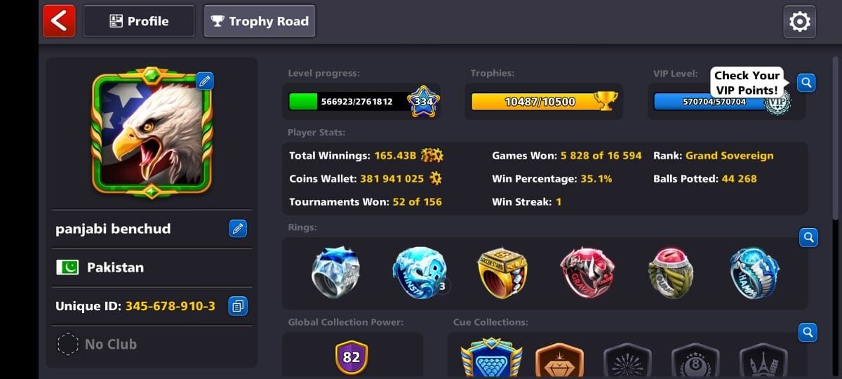 82 CCP, 380 MILLION + Coins, 20 LEGENDARY CUES OPEN, 8 CUES MAXED, 8 Ball Pool Account, Instant Delivery, Safe & Verified