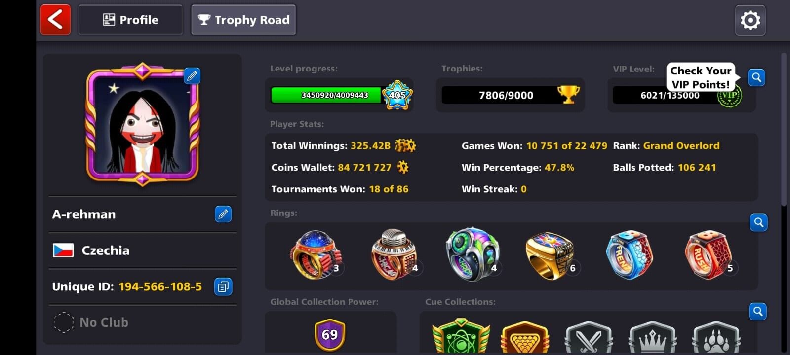 405 Level, 69 CCP, 80 Million Coins, 20 Legendary Cues, 1 Evolving Cue Maxed