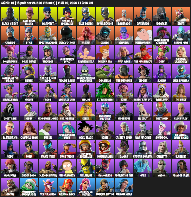 97 Skins, Floss, Take The L, OG STW, Black Knight, Sparkle Specialist, Royale Knight, Blue Squire, Rose Team Leader, Warpaint [PC]