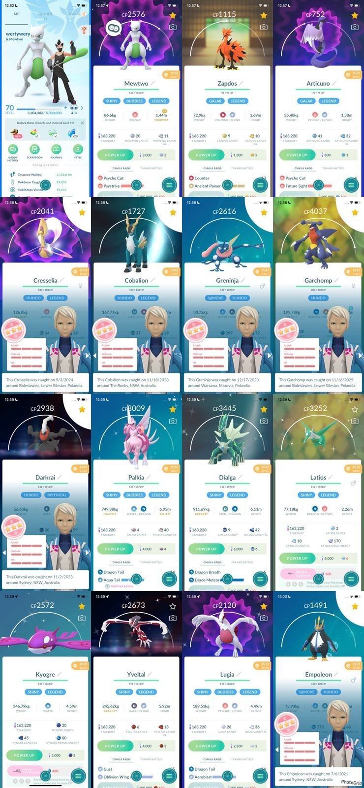 L70 BLUE RARE! 50 LEGEND 398 SHINY SHINY MEWTWO GALAR ARTICUNO+ZAPDOS HUNDO CRESSELIA HUNDO MOVE GRENINJA HUNDO GARCHOMP CP4073 HUNDO DARKRAI (IOS/Android)