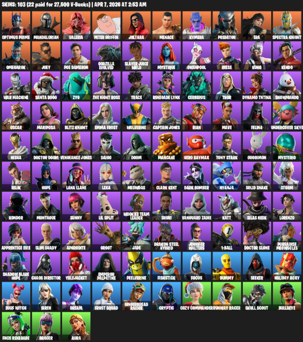 103 Skins, Leviathan Axe, Optimus Prime, Mandalorian, Valeria, Peter Griffin, Joltara, Menace, Kymera, Predator, Era [PC]