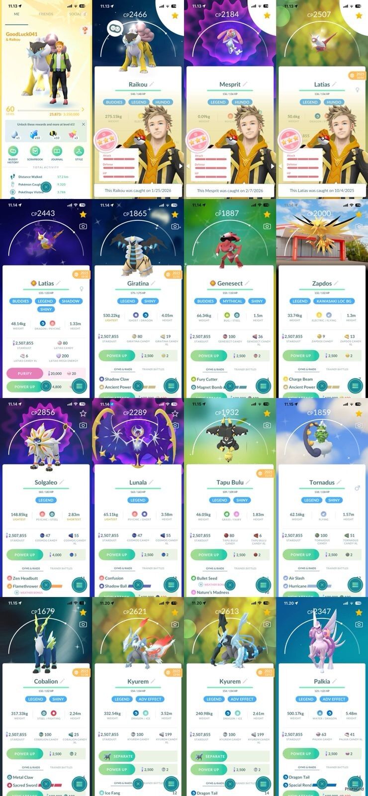 {PAG}L60 INSTINCT ACC 199 LEGEND 29 SHINY HUNDO RAIKOU SHINY SHADOW LATIAS BB SHINY GIRATINA SHINY GENESEC TBB ZAPDOS POKE PARK KANTO BG SOLGALEO+LUNALA (IOS/Android)