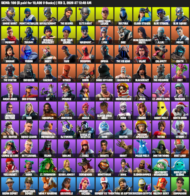 100 Skins, Floss, Take The L, OG STW, Sparkle Specialist, Royale Knight, The Reaper, Elite Agent, Blue Squire, Omega [PC/PSN/XBOX]