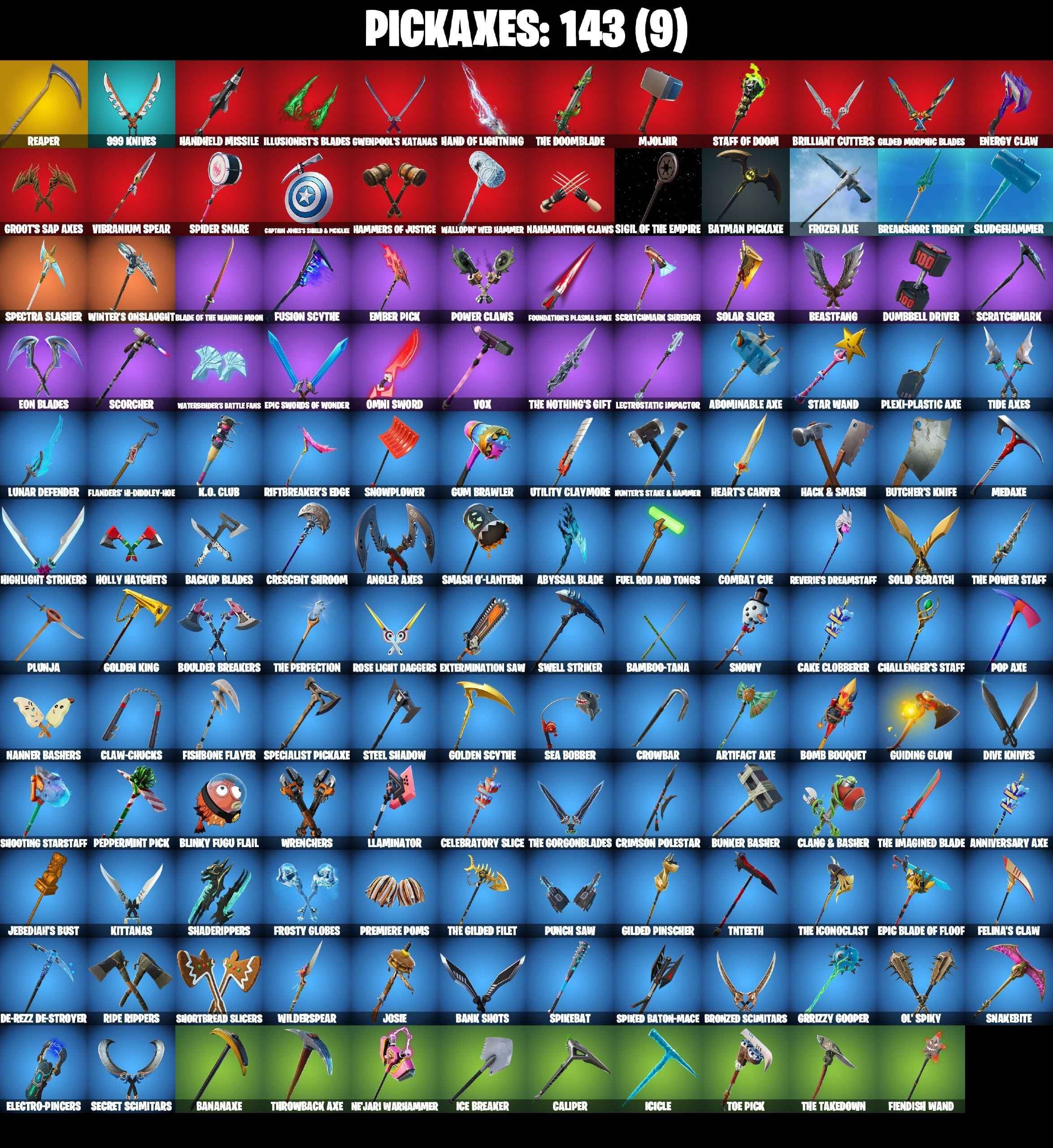 118 Skins, Royale Bomber, Gilded Spider-Man, Spider-Gwen Stacy, Mandaloria, Skull Ranger, Whiplash, Get Griddy, Laugh It Up, Star Wand [PSN/PC/XBOX]
