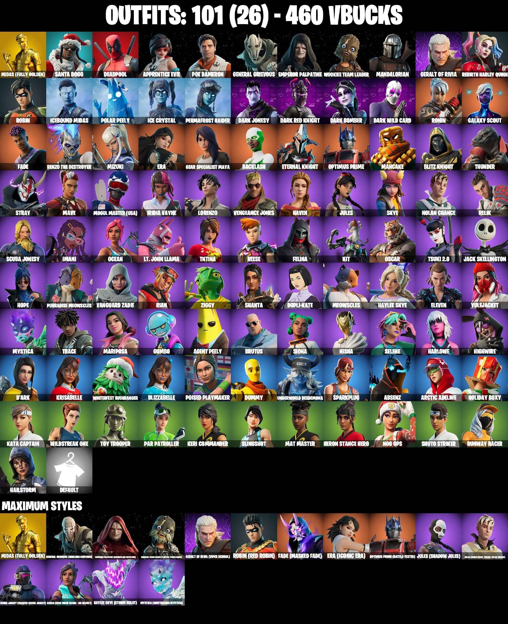 101 Skins, Backlash, Mandalorian, Mogul Master USA, Apprentice Evie, Poe Dameron, Get Griddy, General Grievous Max, Emperor Palpatine Max [PSN/PC/XBOX]