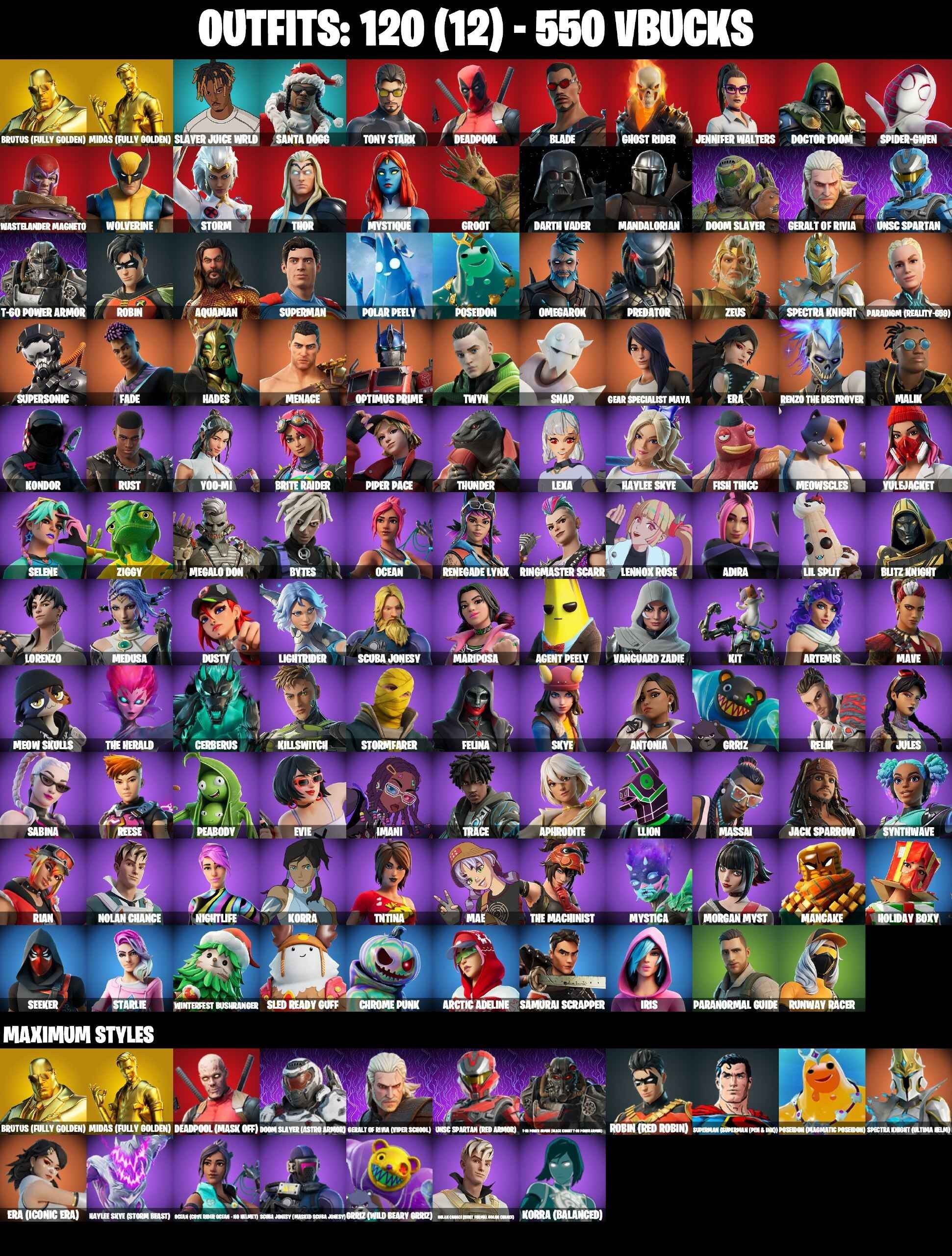 120 Skins, Mandalorian, Go Mufasa, Jabba Switchway, Darth Vader, Ghost Rider, Blade, Spider-Gwen, Golden Midas, Predator, Era Max [PC/PSN/XBOX/Switch]
