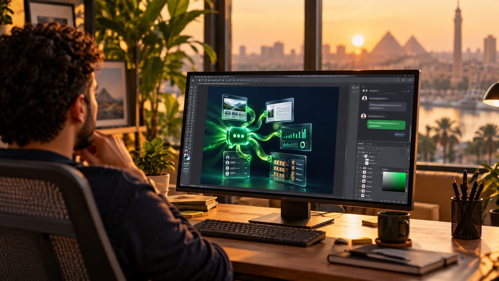A designer at sunset watching a layout being built in Photoshop by written commands
