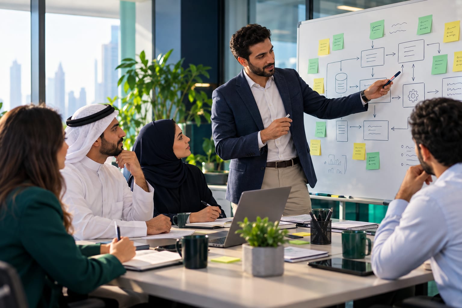 An HBS consultant mapping a workflow on a whiteboard with a client team