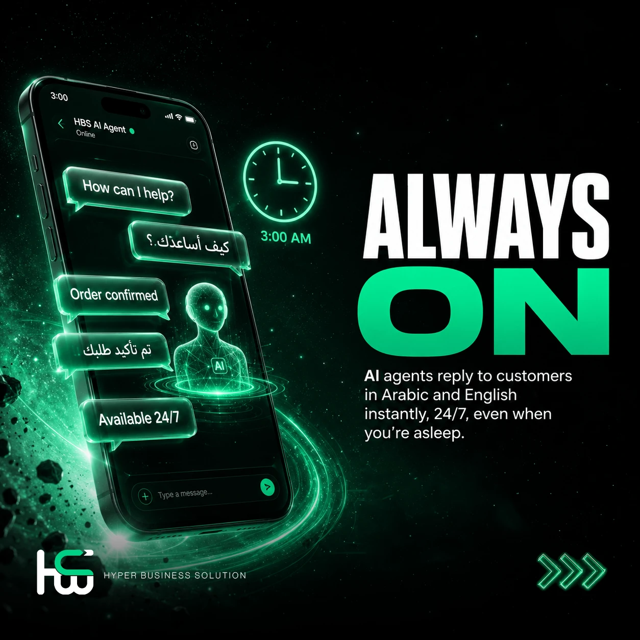 AI agent handling bilingual Arabic and English customer messages on WhatsApp 24/7