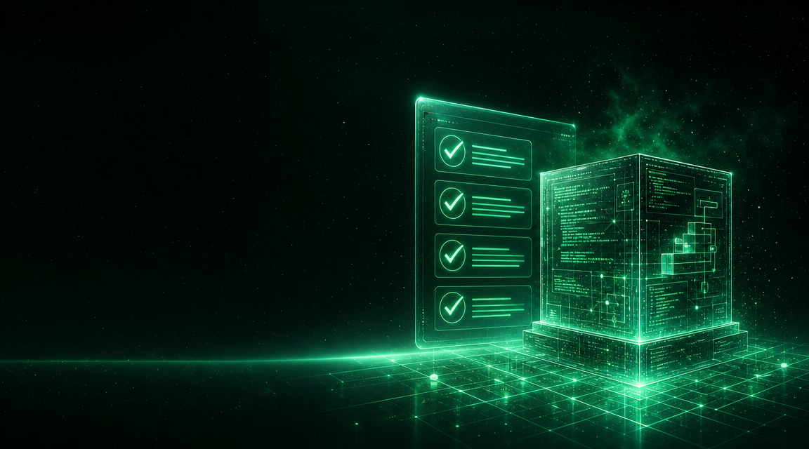 Holographic evaluation panel with checkmarks beside a 3D code cube, HBS emerald-cosmic style