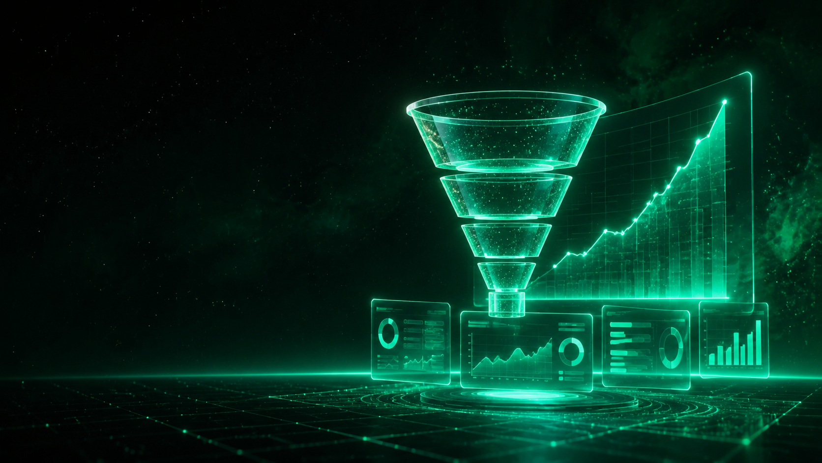 Holographic marketing-analytics dashboard with a conversion funnel and rising performance curve, HBS emerald-cosmic style