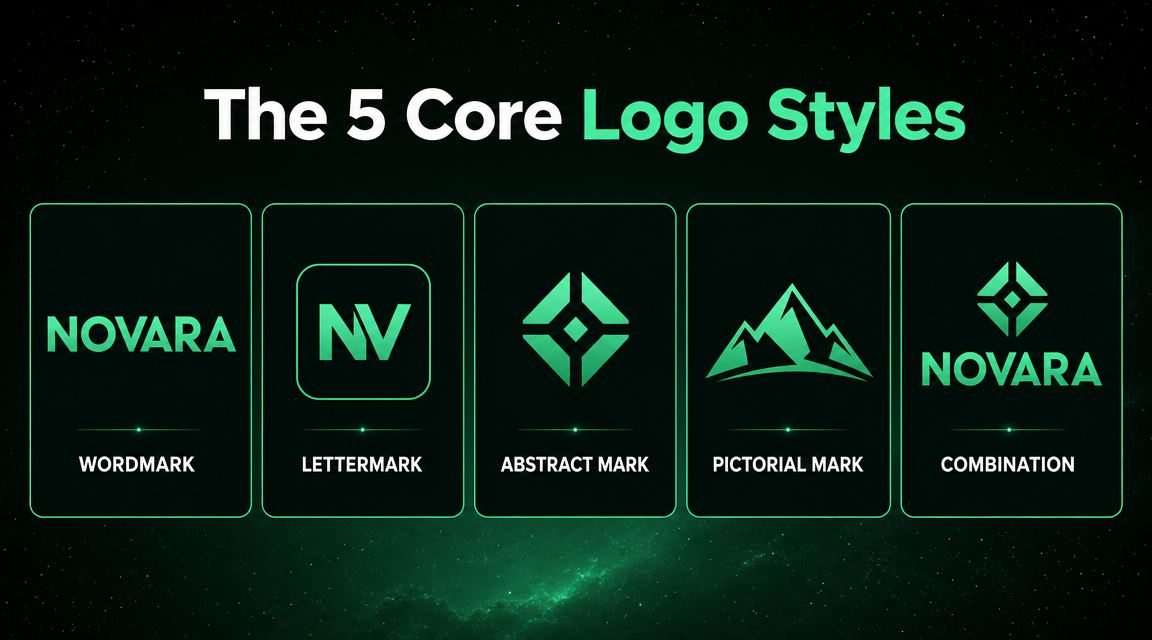 The five core logo design styles: wordmark, lettermark, abstract mark, pictorial mark, and combination