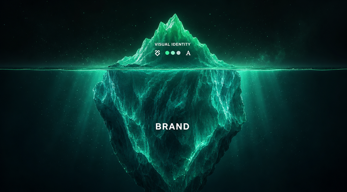 Iceberg diagram: visual identity is the small visible tip (logo, colors, fonts) while the brand is the much larger mass beneath the surface