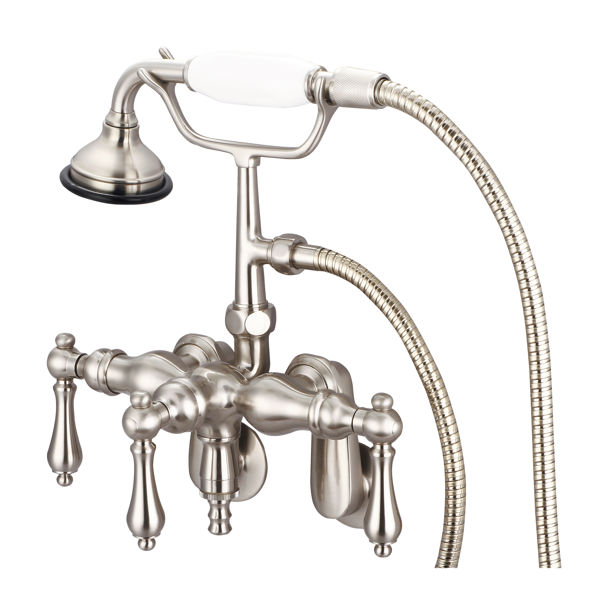 Vintage Classic Adjustable Center Wall Mount Tub Faucet F6-0018 With Down Spout, Swivel Wall Connector & Handheld Shower in Brushed Nickel Finish With Metal Lever Handles