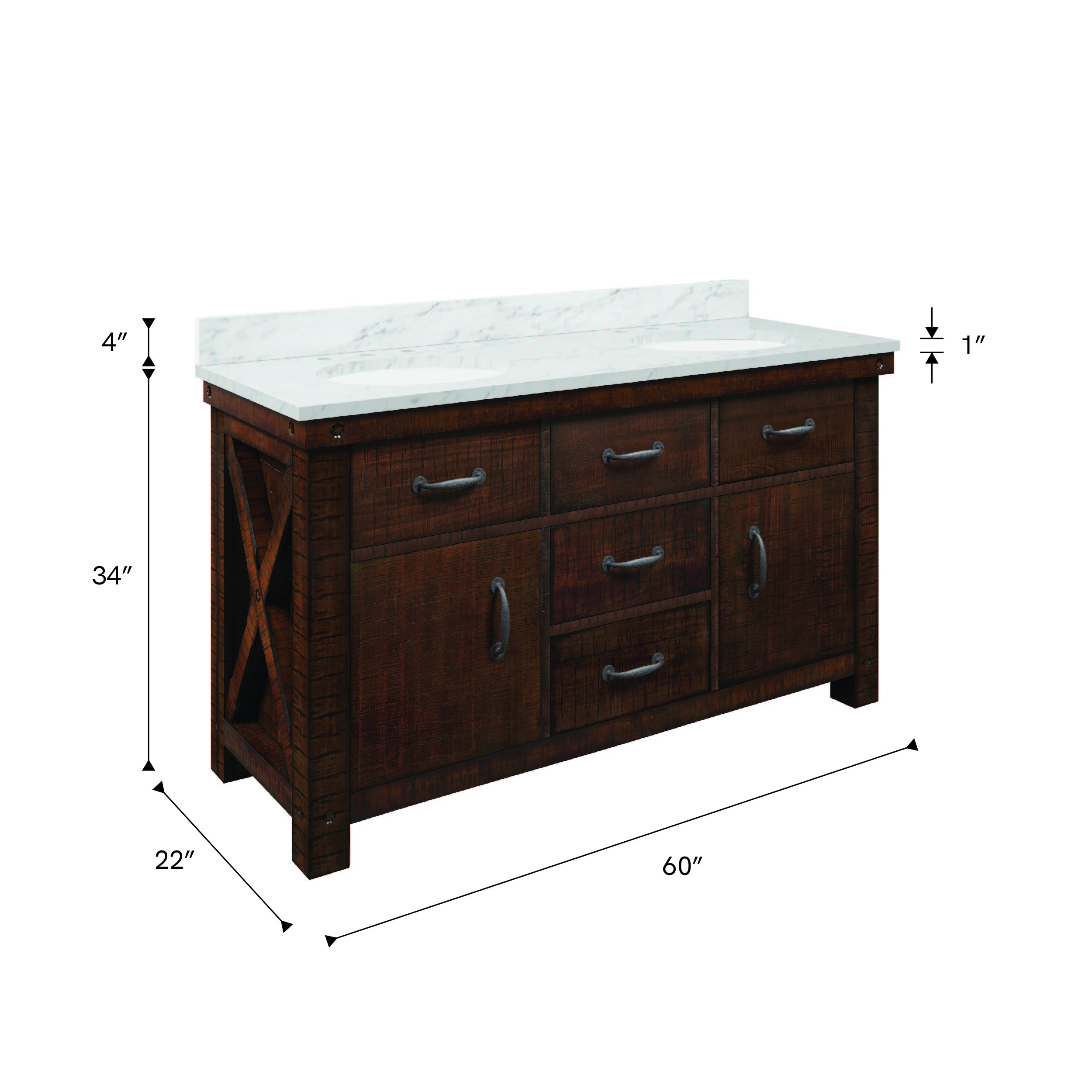 Aberdeen 60 In. Double Sink Pre-Assembled Farmhouse Style Bathroom Vanity With 1
