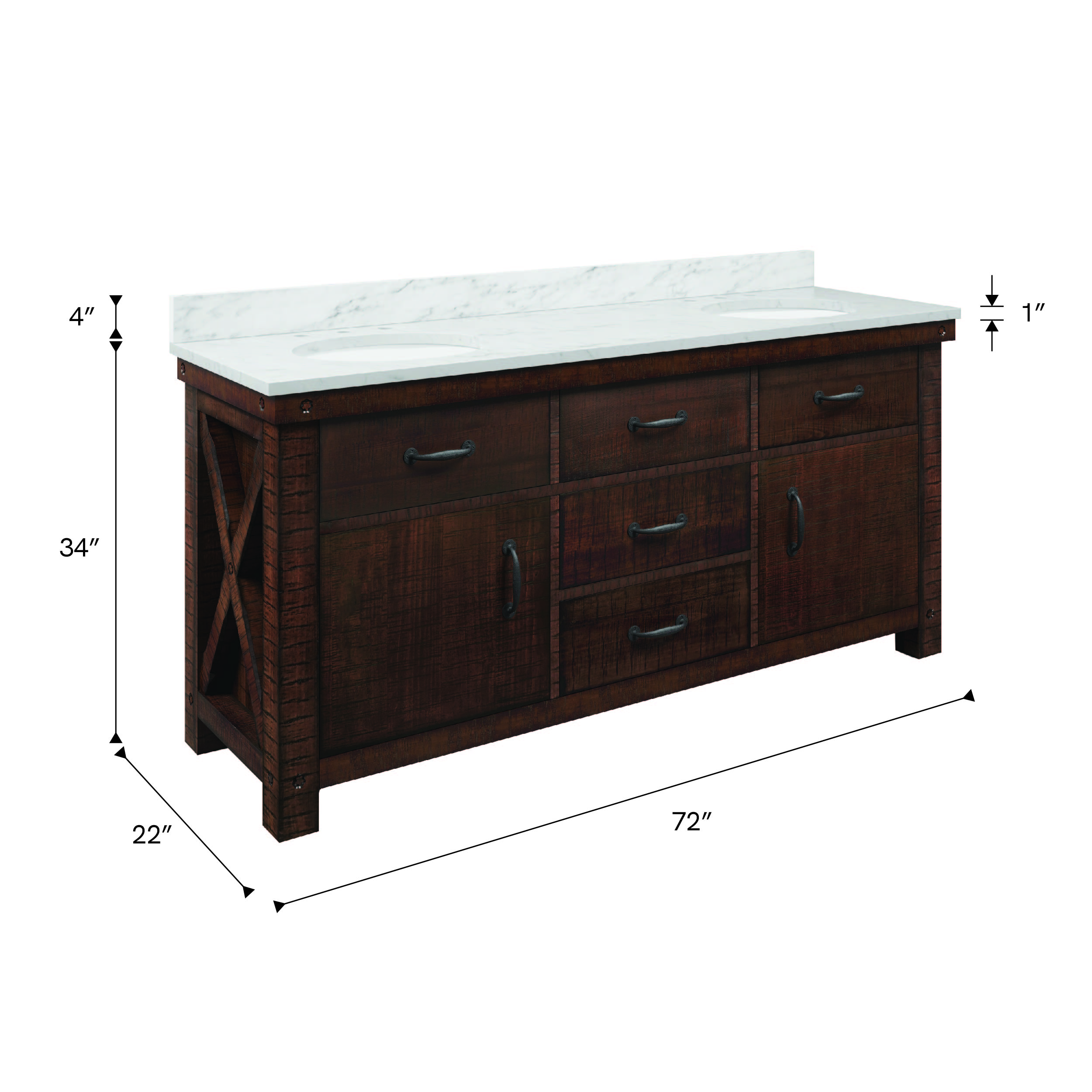 Aberdeen 72 In. Double Sink Pre-Assembled Farmhouse Style Bathroom Vanity With 1