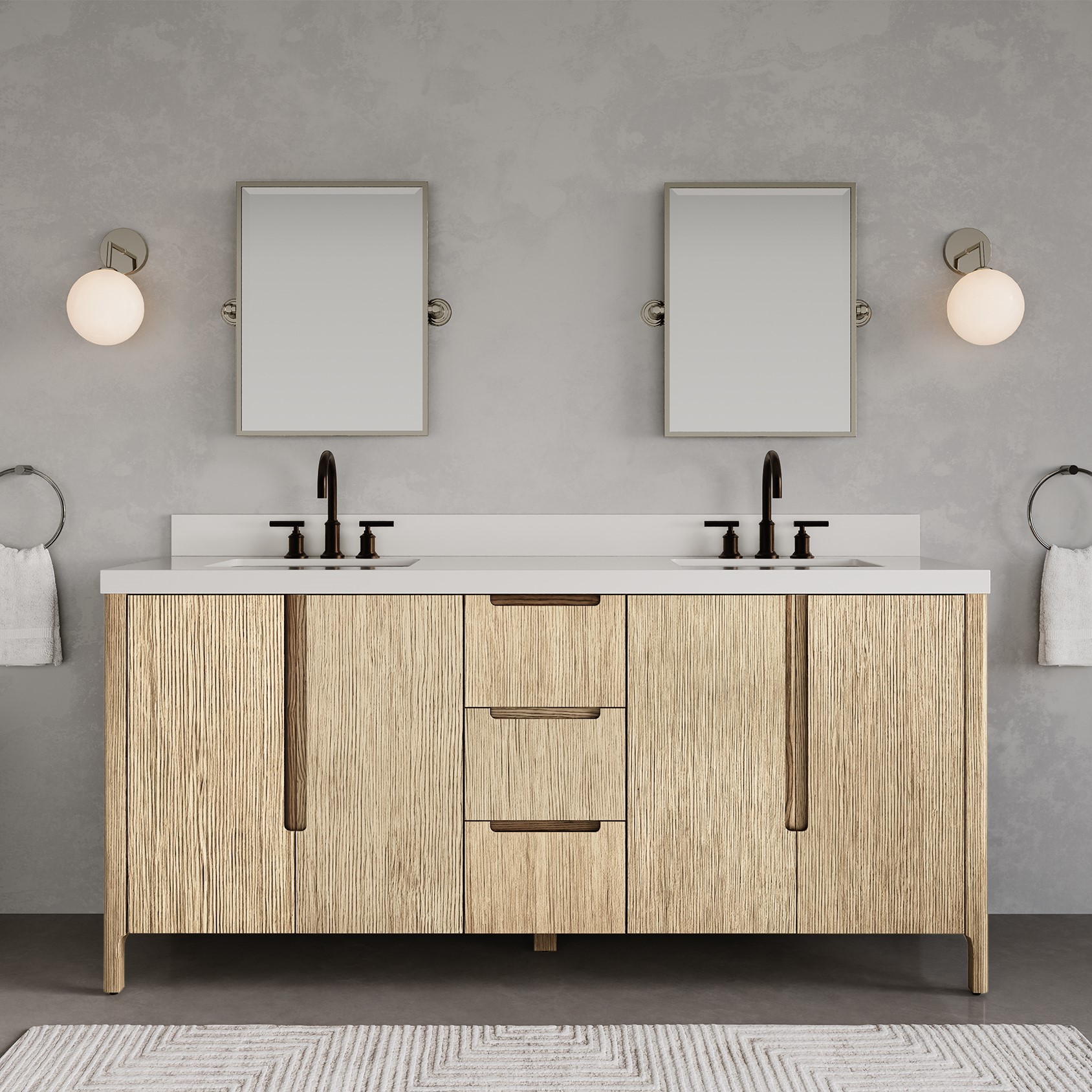 72 In. Double Sink Bath Vanity in Casa Latte with White Quartz Top with Linen Cabinet and Medicine Cabinet Options 72 In. Double Sink Bath Vanity in Casa Latte with White Quartz Top with Linen Cabinet and Medicine Cabinet Options