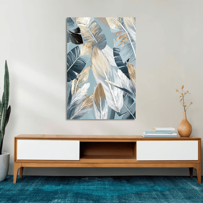 Tela Decorativa Grande Golden Blue Feathers