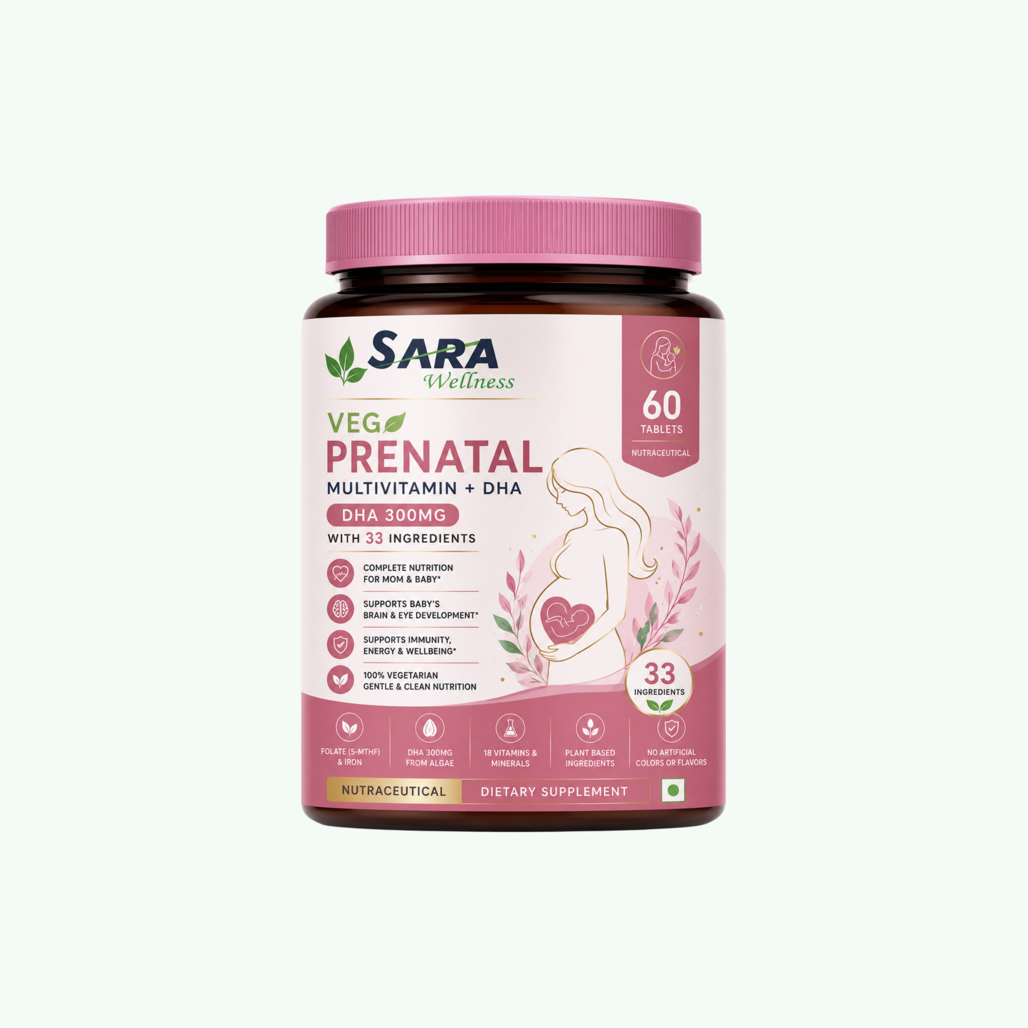 Veg Prenatal Multivitamin + DHA 300mg with 33 Ingredients 60's