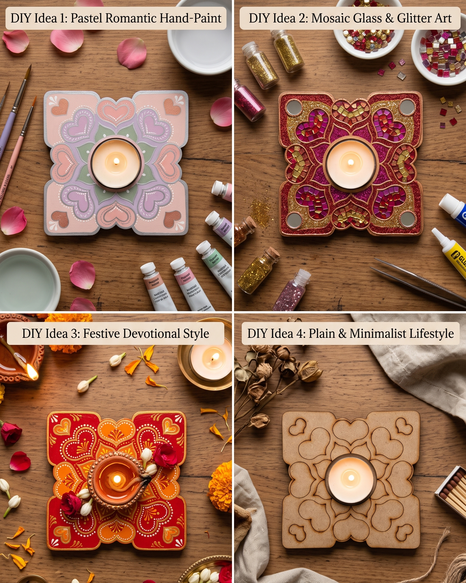 Heart Floral Square MDF Tealight Holder Base