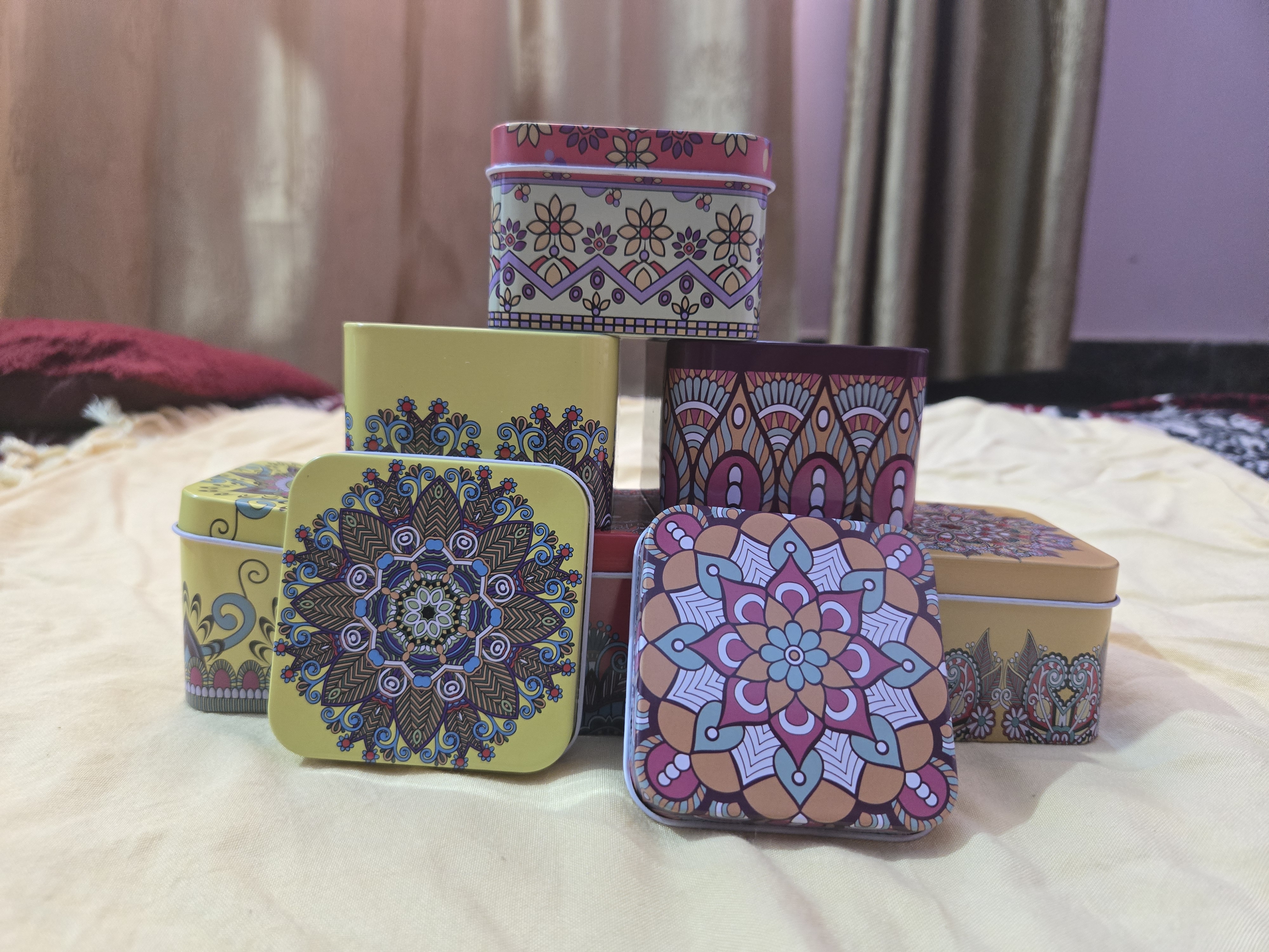 Folk Art Rectangular Metal Tin Box (Pack of 6)
