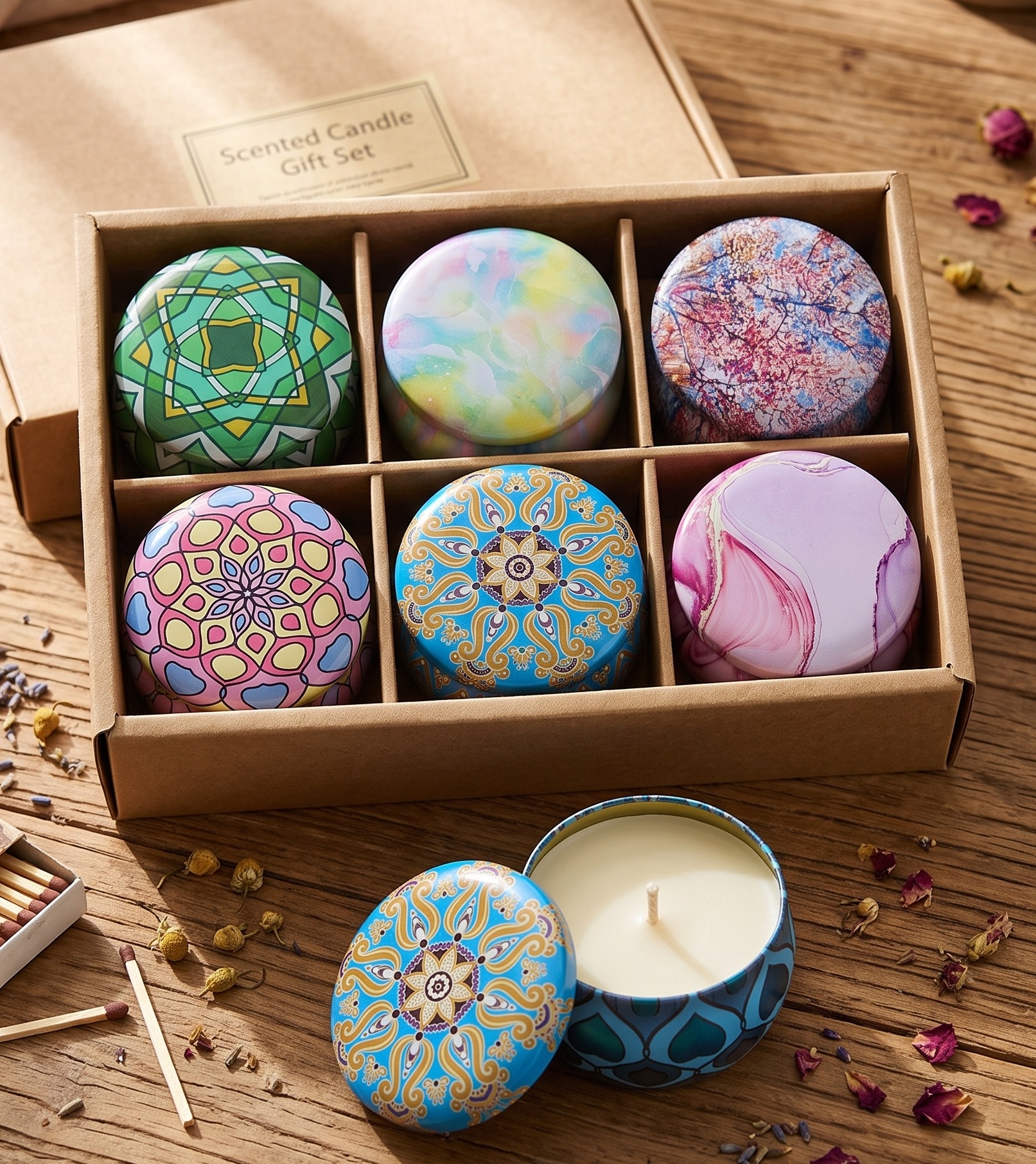 Floral Print Round Metal Tin Box (Pack of 6)