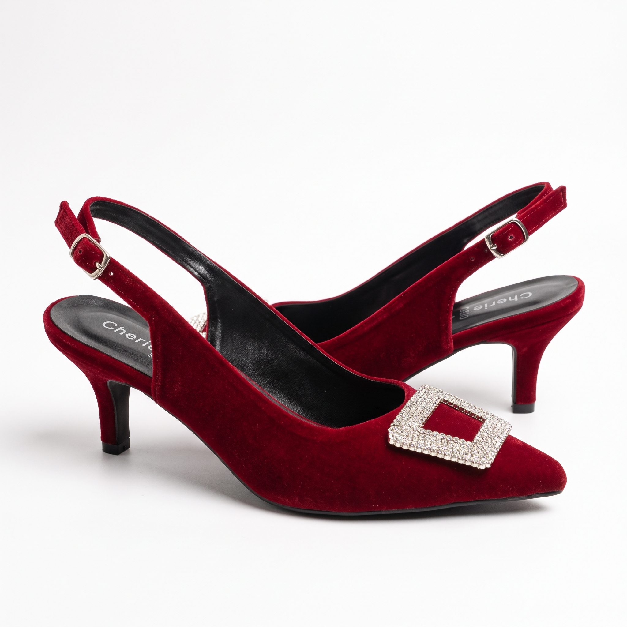 Velvet Embellished Crystal Buckle Slingback Heels