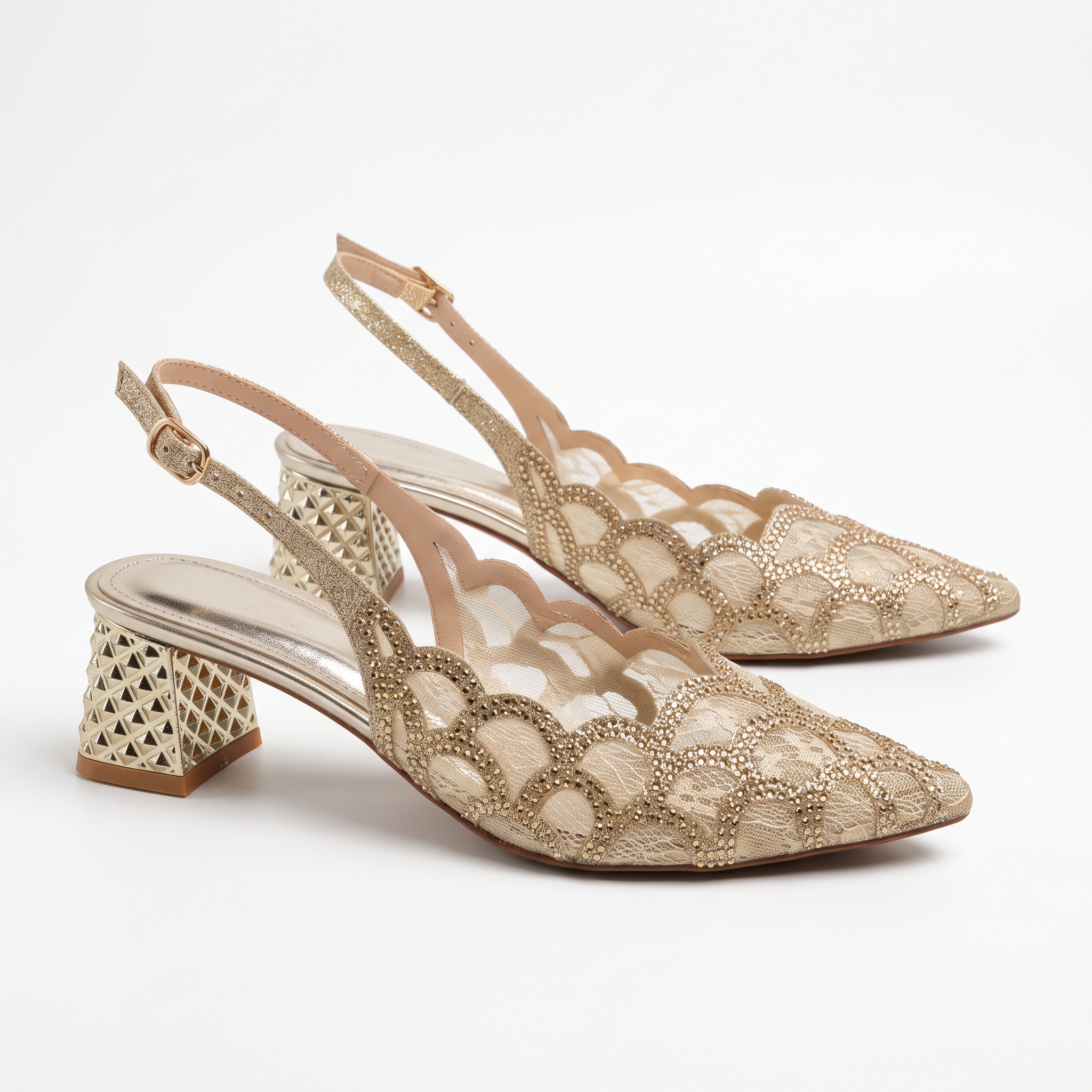 Embroidered Mesh Block-Heel Slingbacks