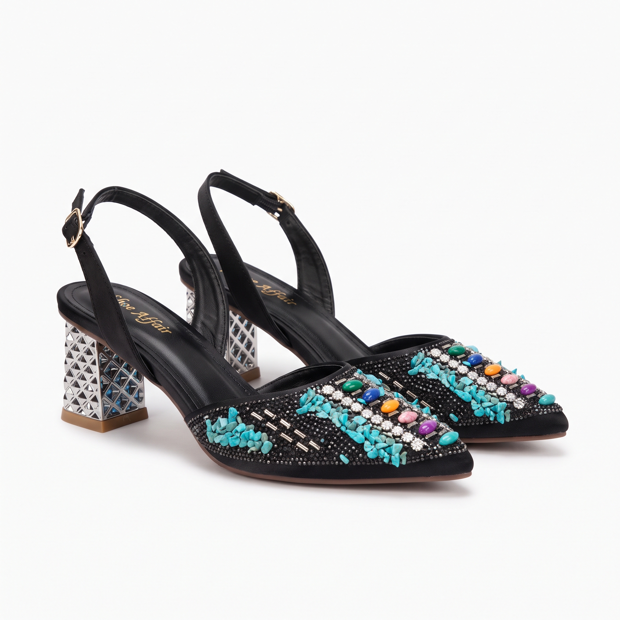 Gemstone Embellished Block-Heel Slingbacks