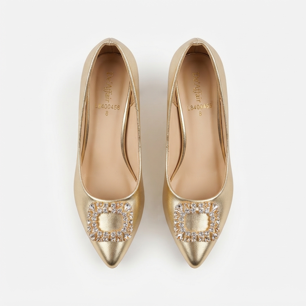 Metallic Gold Crystal-Embellished Buckle Pumps