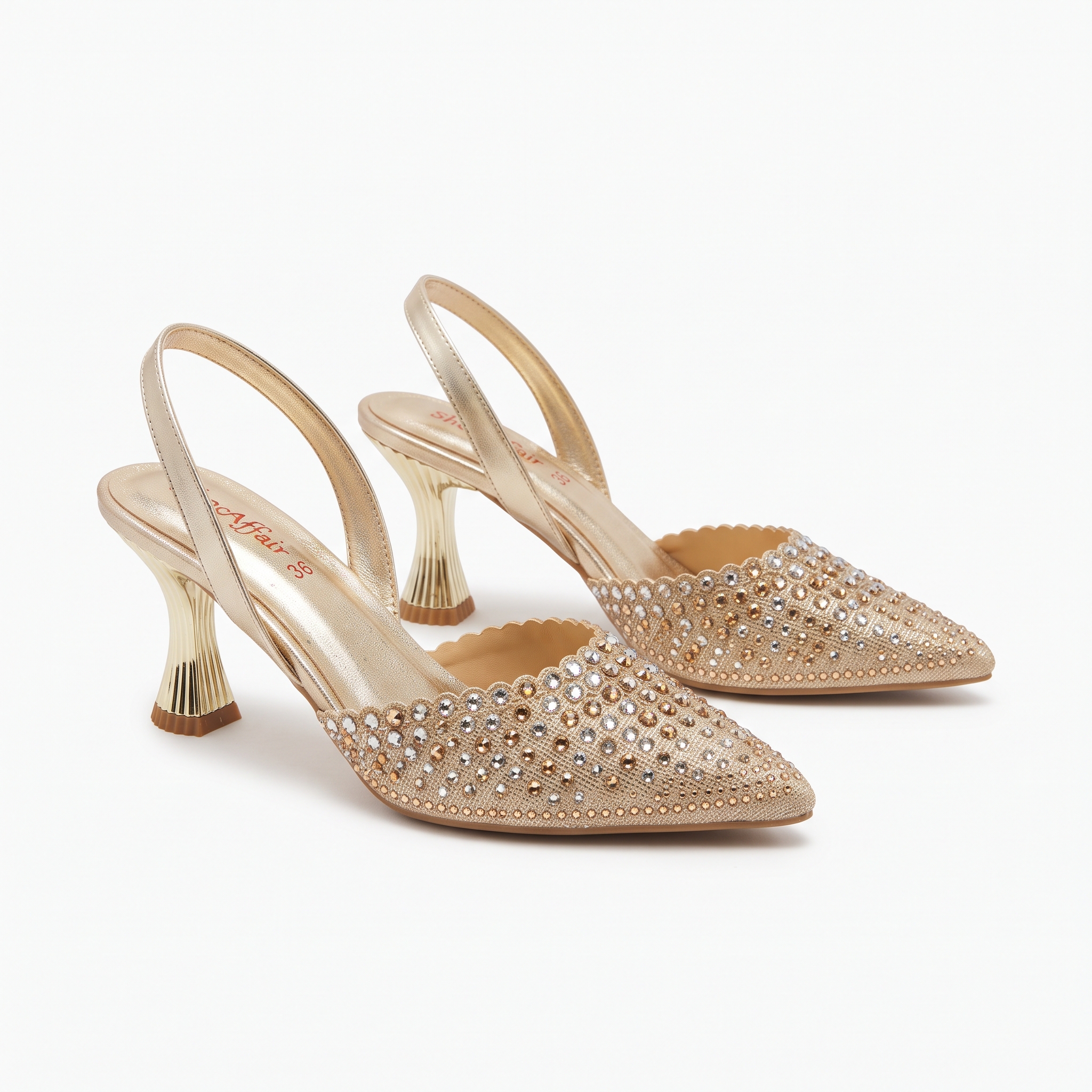 Gold Crystal-Embellished Flared-Heel Slingbacks